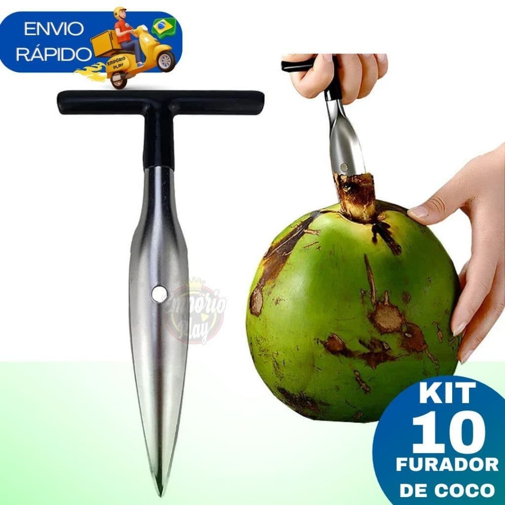 Kit 10 Fura Coco Em Aço Inox Profissional Resistente Furador Abridor Manual Anatômico