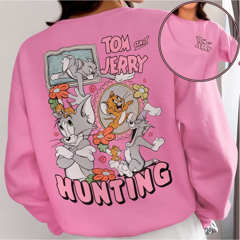 Moletom Desenho Tom And Jerry Hunting Blusa De Frio Feminina Casaco Gola Careca Desenho Animado