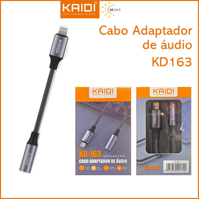 Cabo adaptador de Áudio Lightning iPhone para P2 Fone KAIDI KD-163