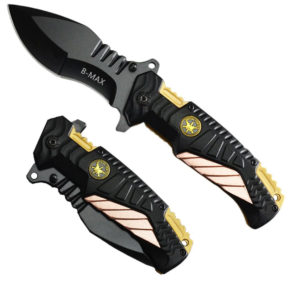Canivete Tático Militar Semi automático saque rápido camping pesca Preto dourado