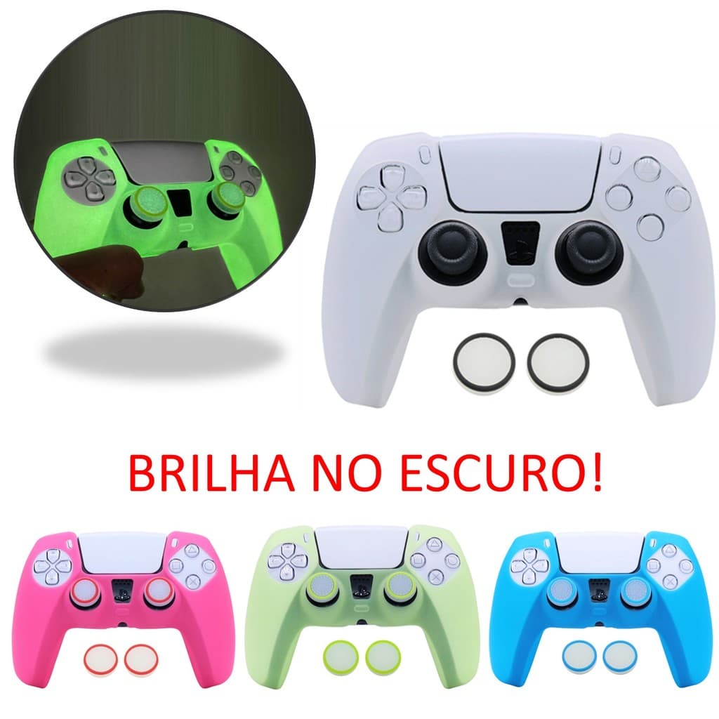 Capa Protetora Silicone Premium Controle Ps5 Brilha Escuro + Par Grips