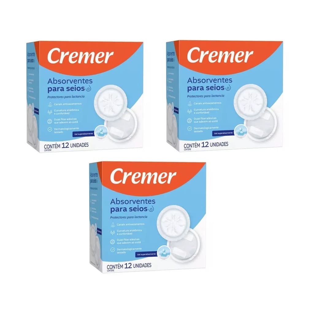 KIT 3 Absorvente Para Seios Cremer 12 Unidades