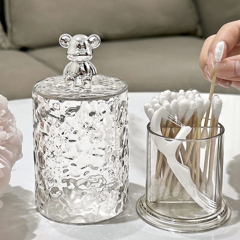 Porta Cotonete Palito Em Acrílico Cristal Com Tampa Urso Ou Coelho Elásticos Multiuso Universal Luxo