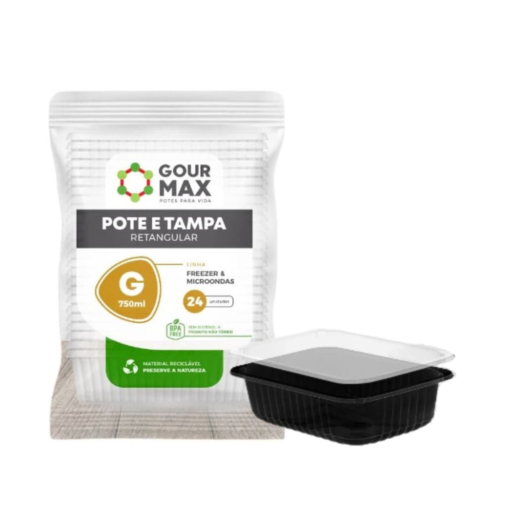 Kit Pote Preto C/ 24un 750ml Descartável Marmita Fitness Comida Japonesa Freezer Microondas Retangular C/ Tampa