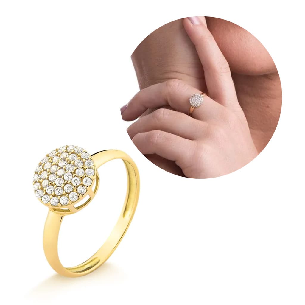 Anel chuveiro redondo cravejado banhado a ouro 18K