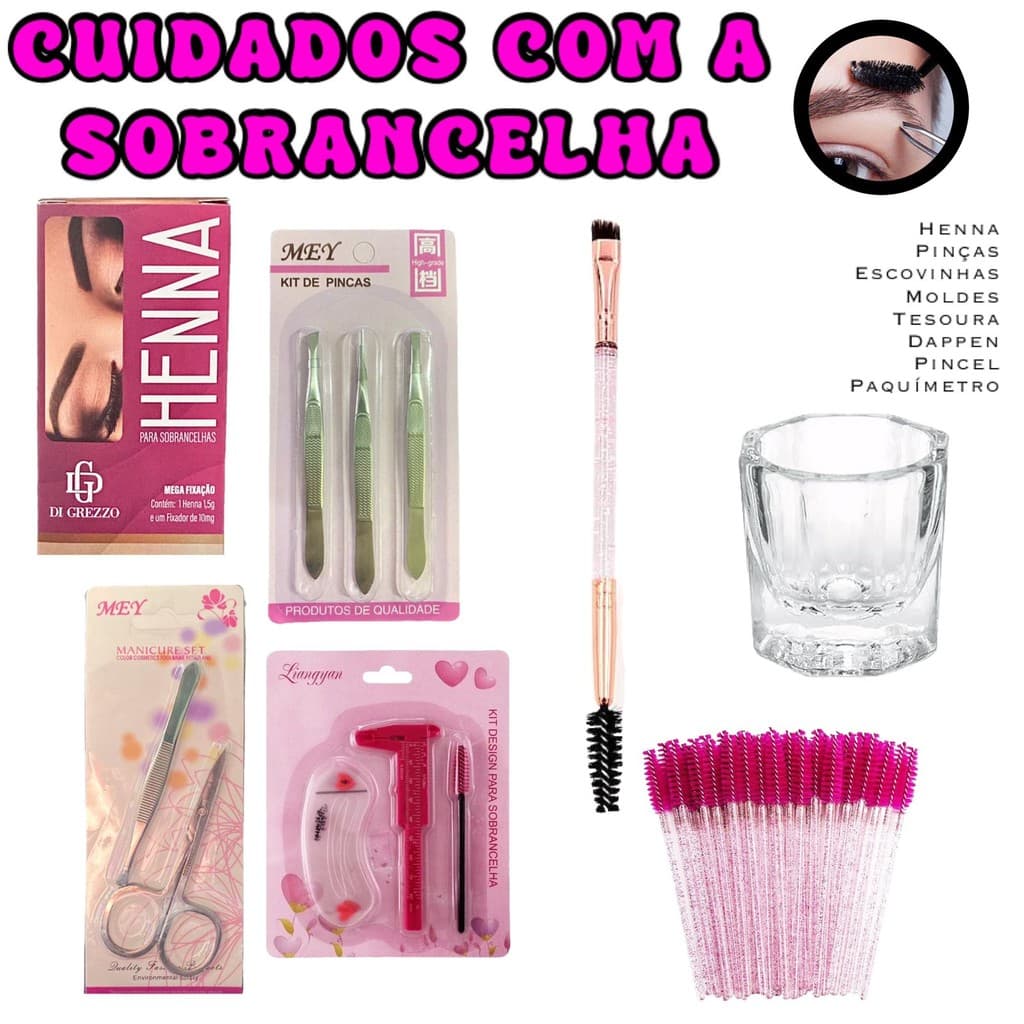 Kit Design de Sobrancelha Simples Henna Di Grezzo, Pinças, Tesoura, Paquímetro, Escovinha, Pincel, Dappen, Molde
