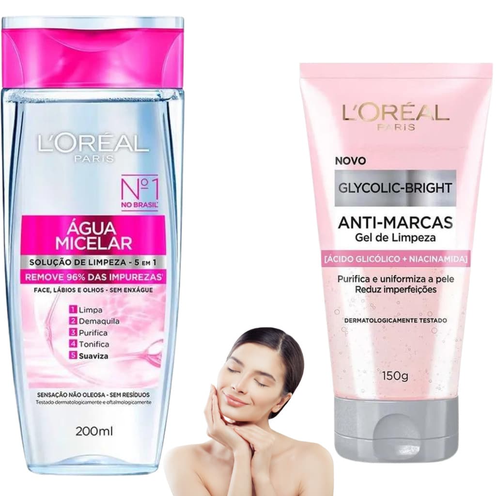 Kit Glycolic Bright Agua Micelar Loreal Paris Gel de Limpeza Facial Gloss Limpeza Demaquilante