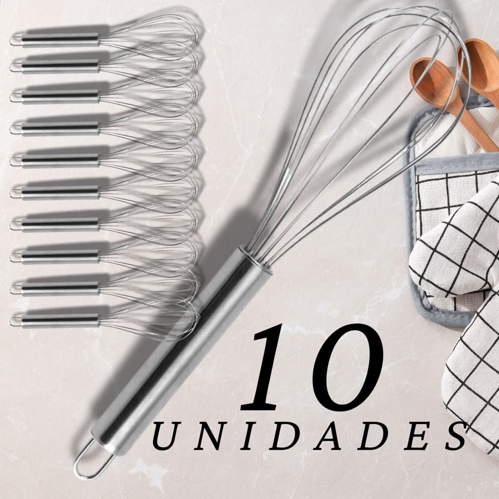 KIT 10 Batedor De Ovos Fue Inox Para Chantilly Molhos Massas Leves Cabo Ergonômico