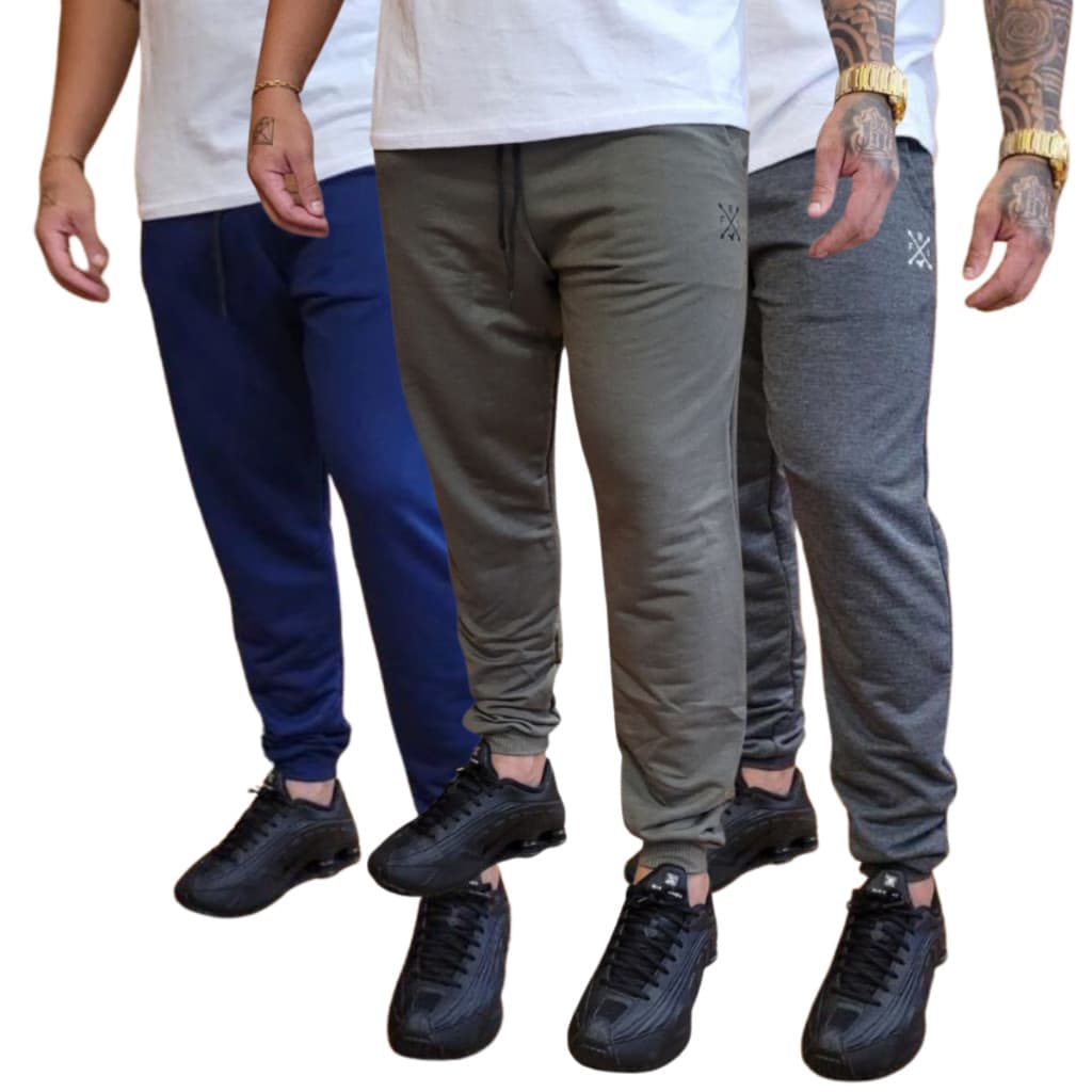 Kit 3 Calça Moletinho Jogger Moletom Slim Skinny Masculina Treino