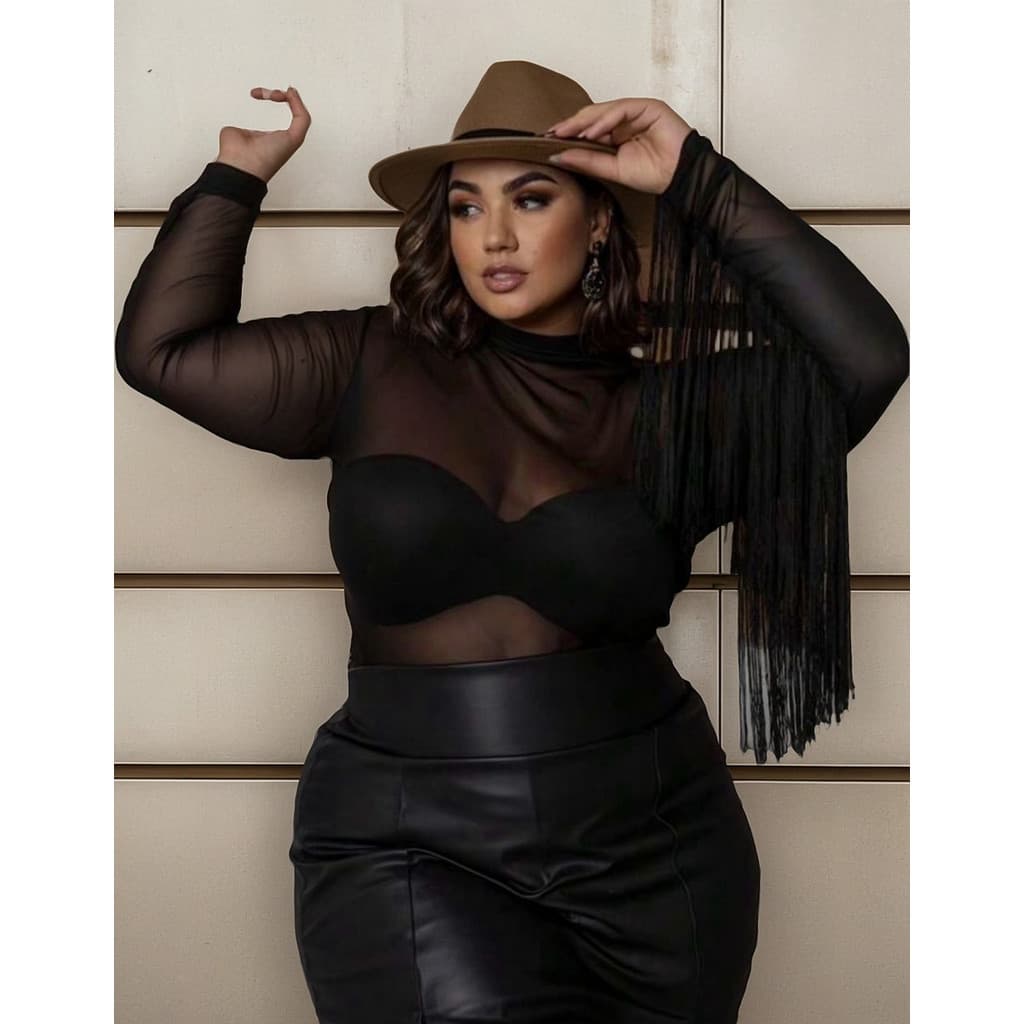 Blusa Plus Size Tule Manga Longa Franja Com Top PLus Size