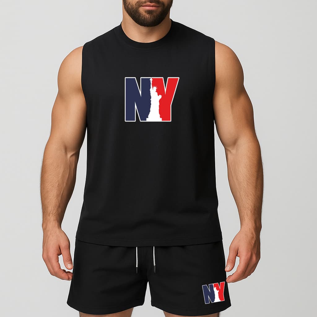 conjunto regata oversized e short de tactel de academia másculino estampada ny estatua da liberdade