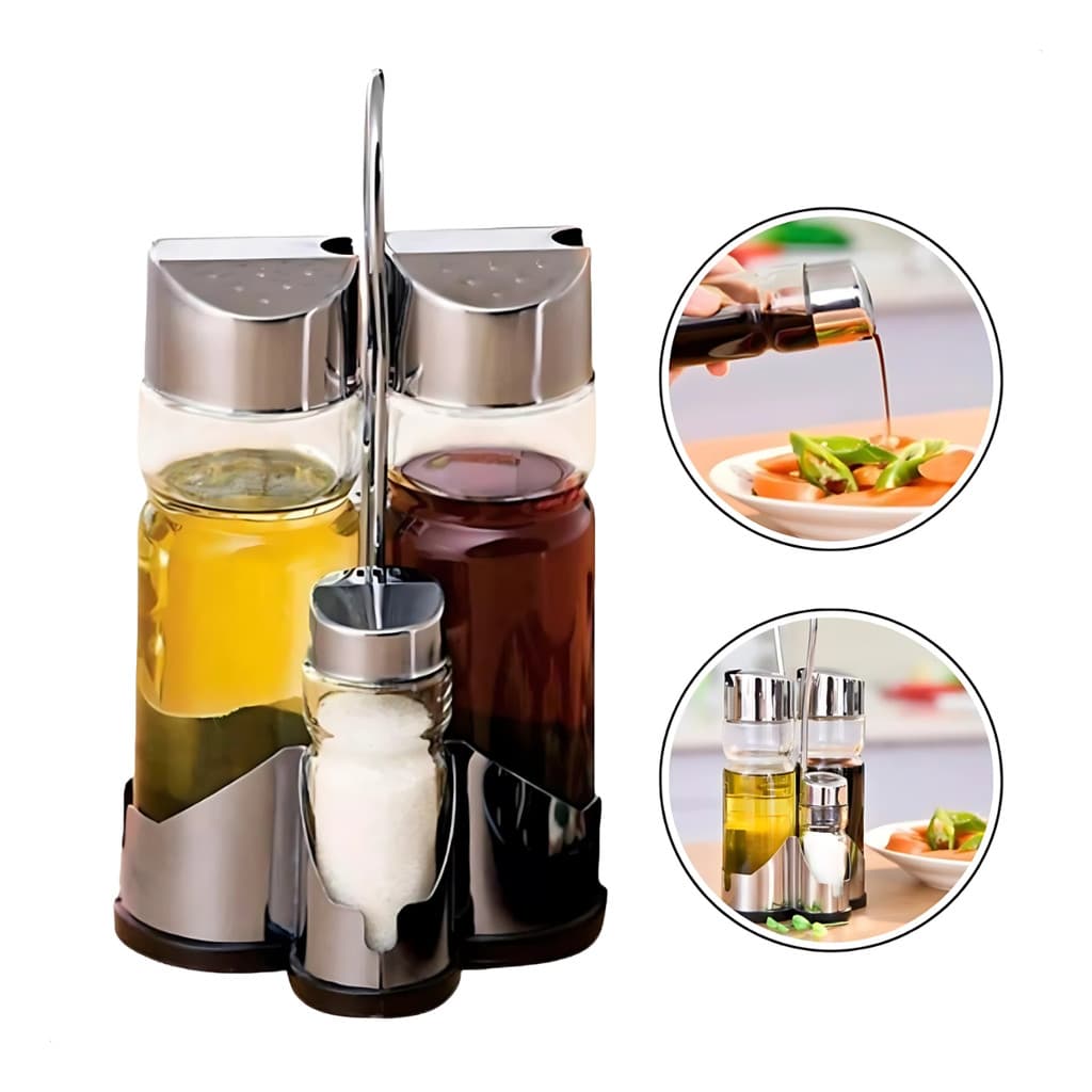 Kit Galheteiro 4 Peças de Vidro para Azeite Vinagre Óleo Sal Saleiro Mesa Cozinha Elegante