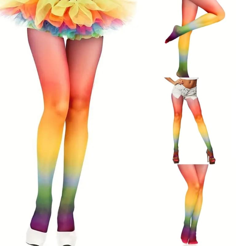 BO Mulheres Coloridas Arco-Íris Gradientes Meia-Calça Longa Transparente Coxa