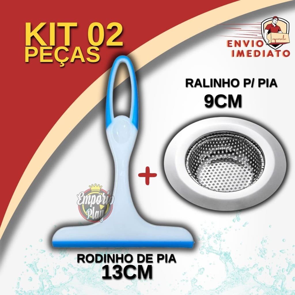 Ralinho Inox 9cm Pia Cozinha + Rodinho de Pia 13cm Rodo Seca Vidro Com Cestinho para Válvula