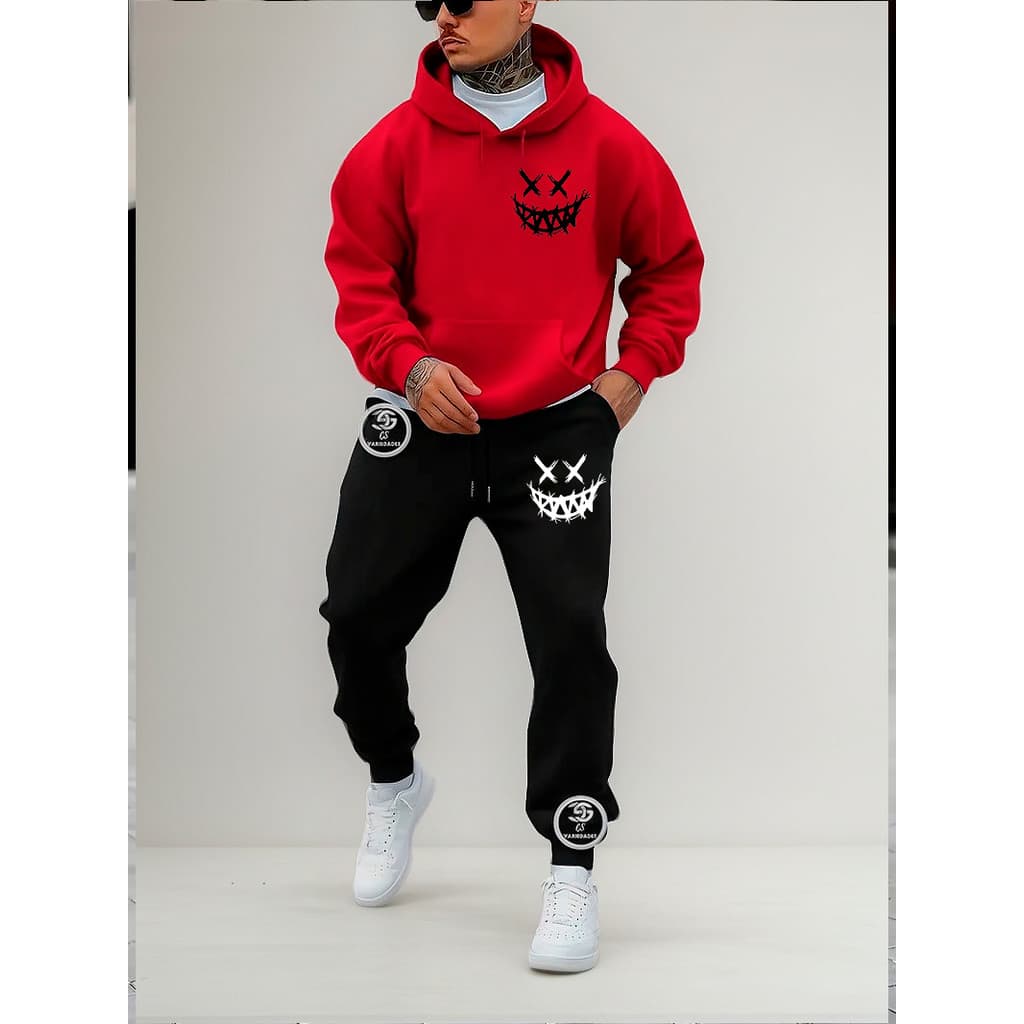 Conjunto Moletom Smiley Evil Estampa Blusa De Frio + Calça linha premium moleton canguru com bolso e capuz