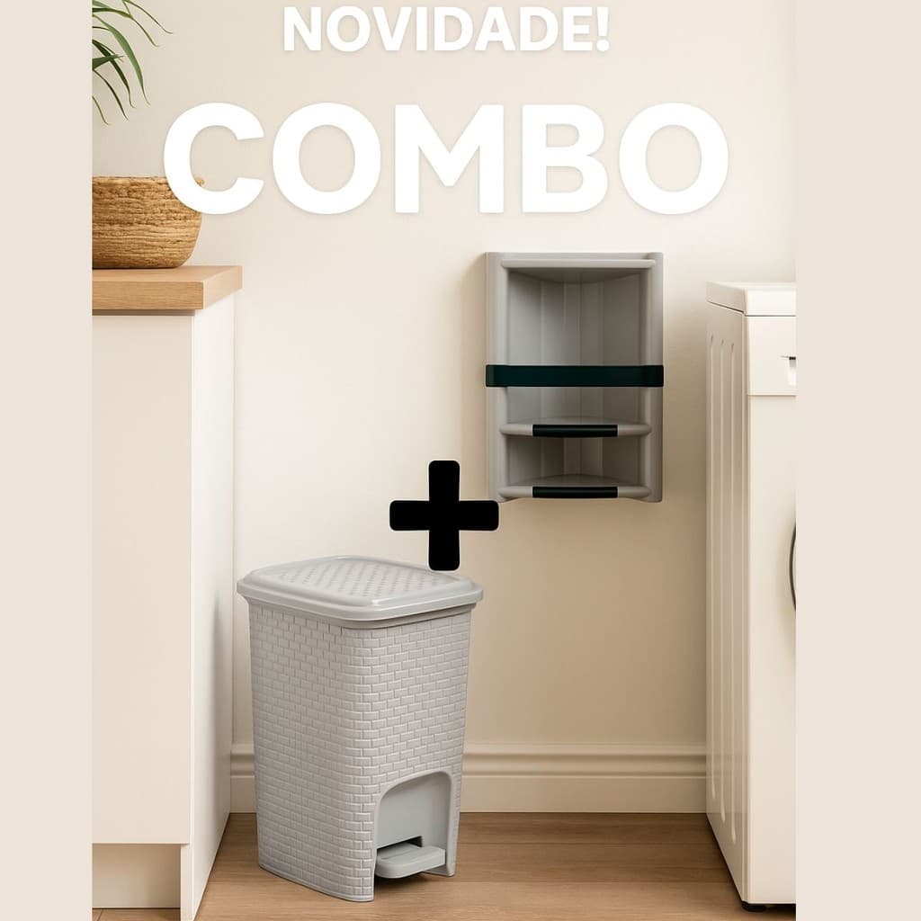 Kit Cantoneira Porta Shampoo + Lixeira Cinza Rattan 7 Litros