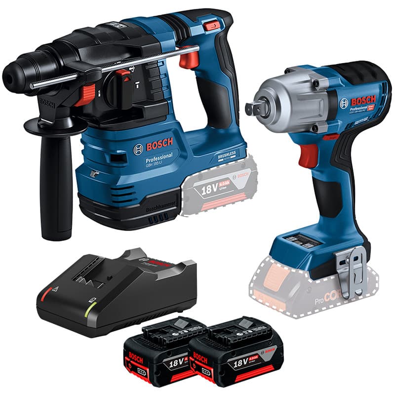 Kit Martelete Rotativo Rompedor GBH 185-LI + Chave Impacto 1/2" GDS 18V-450 PC + 2 Bateria 4Ah + Carregador Rápido Bosch