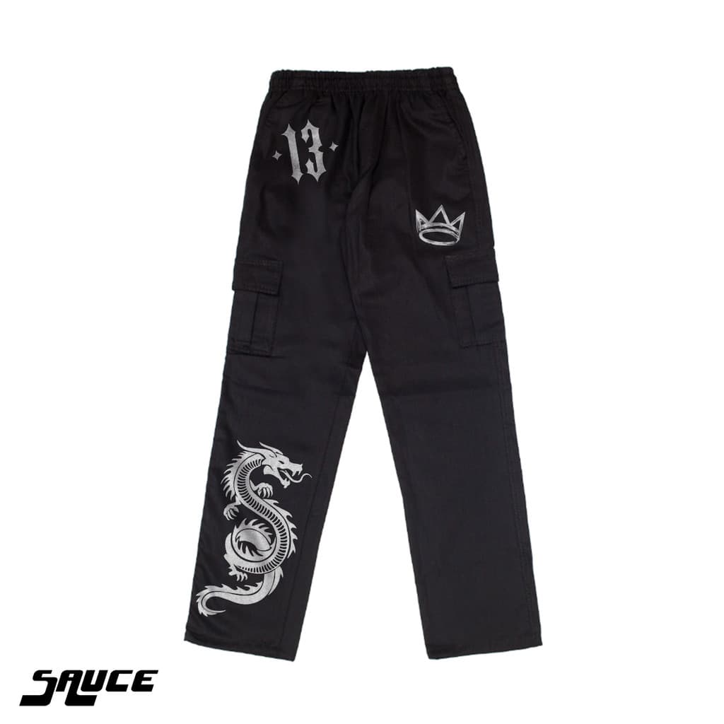 Calça Cargo Dragão Coroa Sarja Streetwear Unisex
