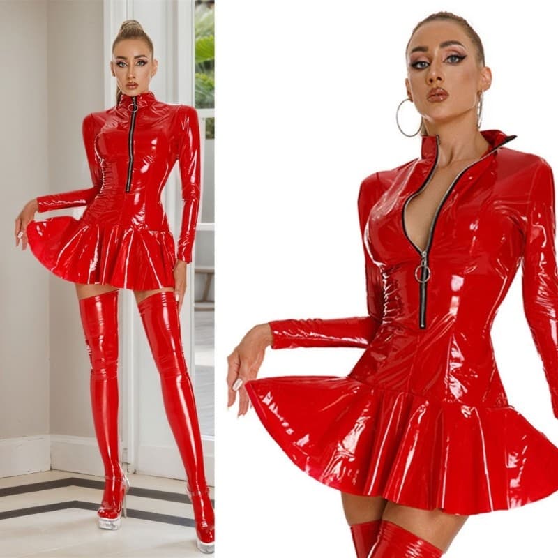 KIN Vestido Feminino De Couro Sintético Manga Comprida Mini Vestidos Brilhantes Plissados De Látex Sterevunk Clubwear Me