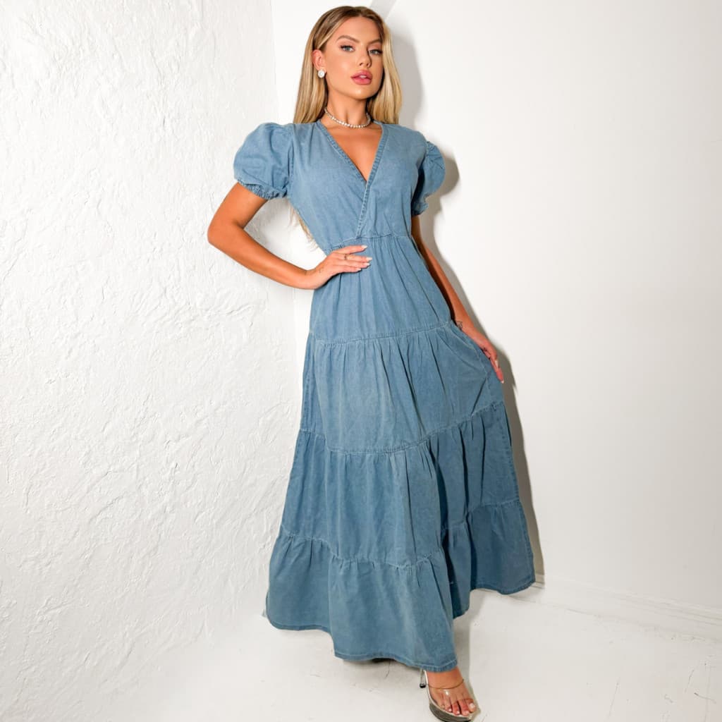 ninajeans 916/915 claro  vestido jeans feminina longa manga bufante 915 claro /916