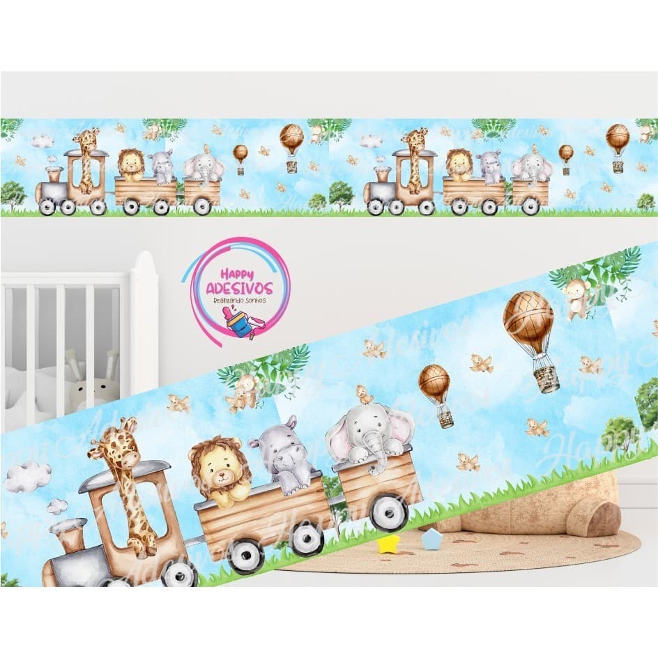 Faixa Adesiva Decorativa Parede Quarto Infantil Baby Menino Safari Zoo Selva Animais Adesivo DCM