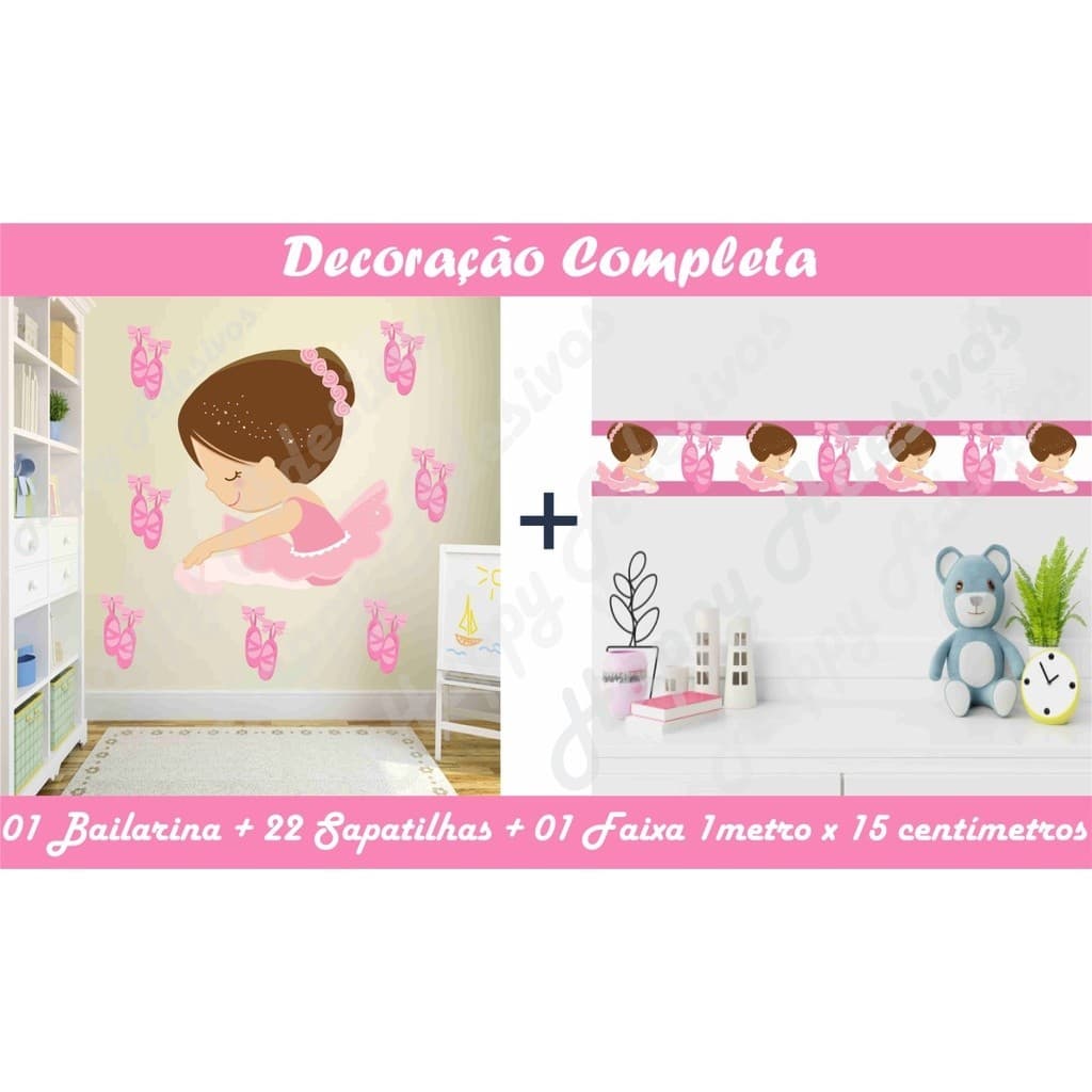 Papel de Parede Bailarina Sapatilha Rosa + Faixa Adesivo Menina Infantil Baby Decoração Quarto