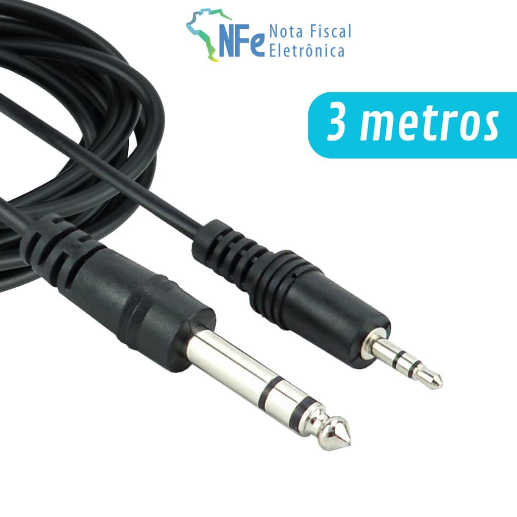 Cabo P2 x P10 Stereo 3 Metros Macho Profissional Audio Adaptador Fone de Ouvido Notebook Celular