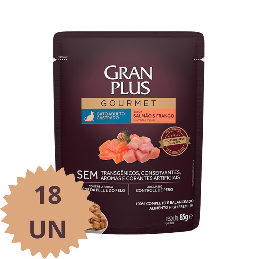 SACHE GRANPLUS GATO CASTRADO SALMAO E FRANGO 18 UNIDADES