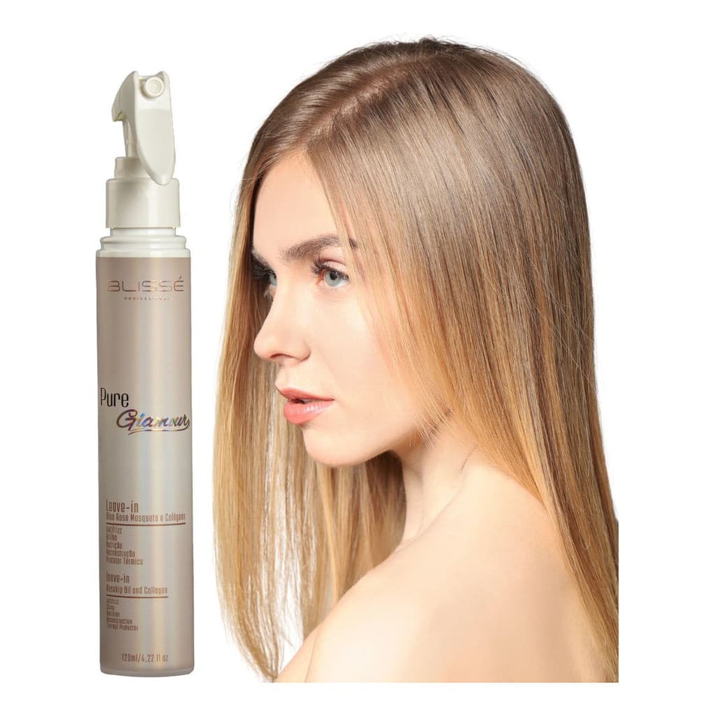 Blissé Pure Glamour Leave-in 120ml Brilho Anti Frizz-Protetor Térmico Capilar com proteção UVA e UVB com Colágeno óleo hidratante rosa mosqueta
