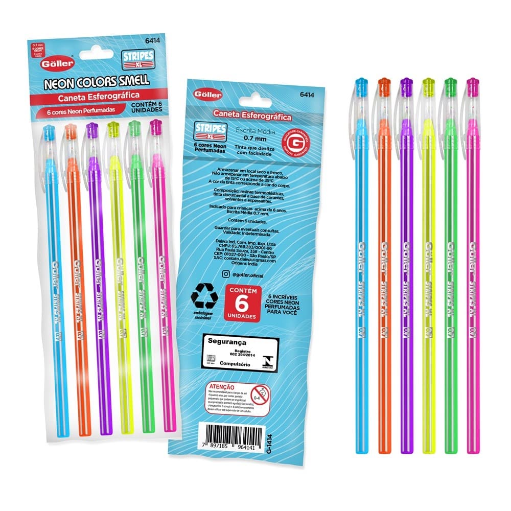 Caneta Esferográfica Stripes Xl 0.7mm Neon Perfumada Com 6 Unidades Göller