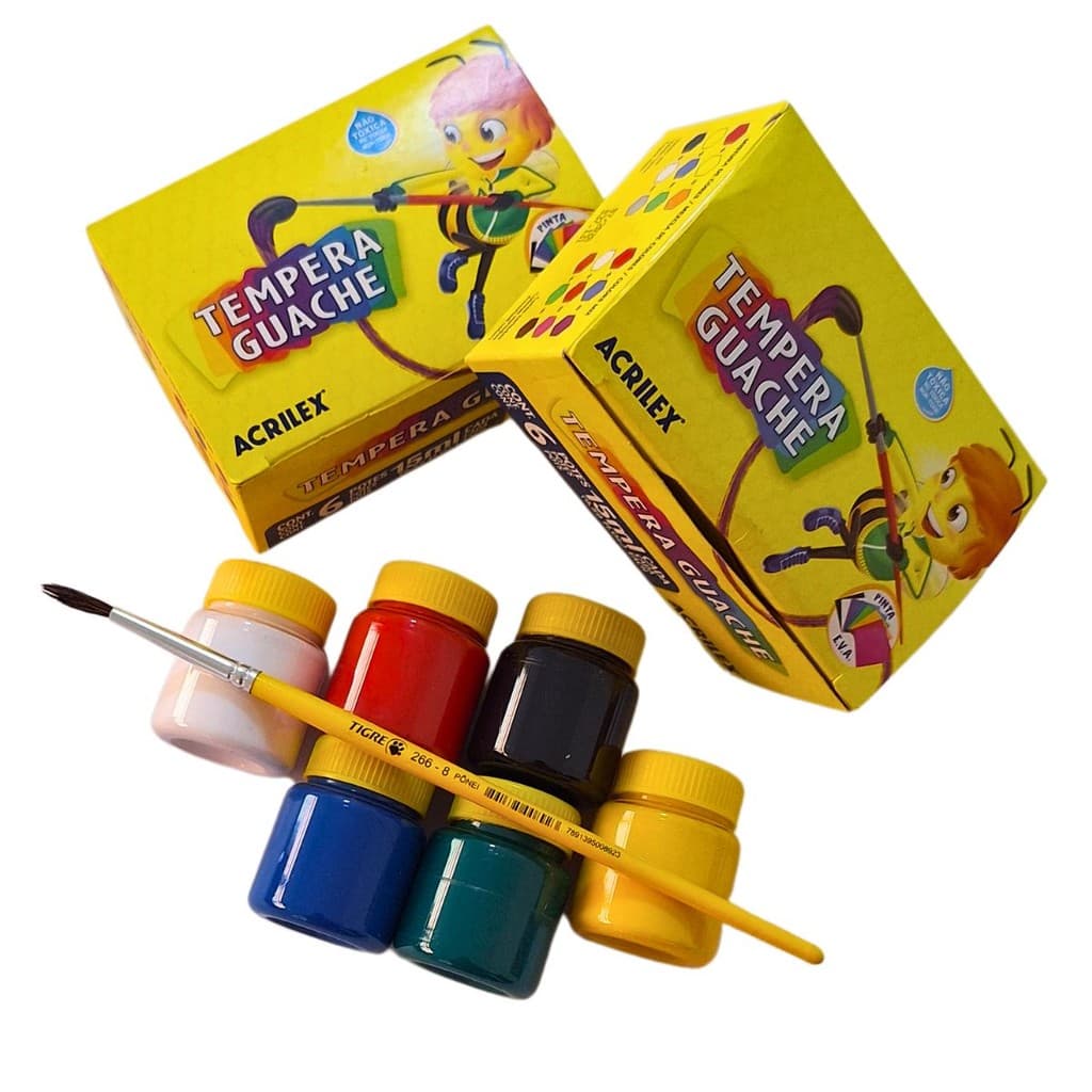 KIT PINTURA ARTISTICA 2 CAIXA DE TINTA GUACHE 6 CORES VIVAS ACRILEX  + PINCEL MACIO N 8 TIGRE