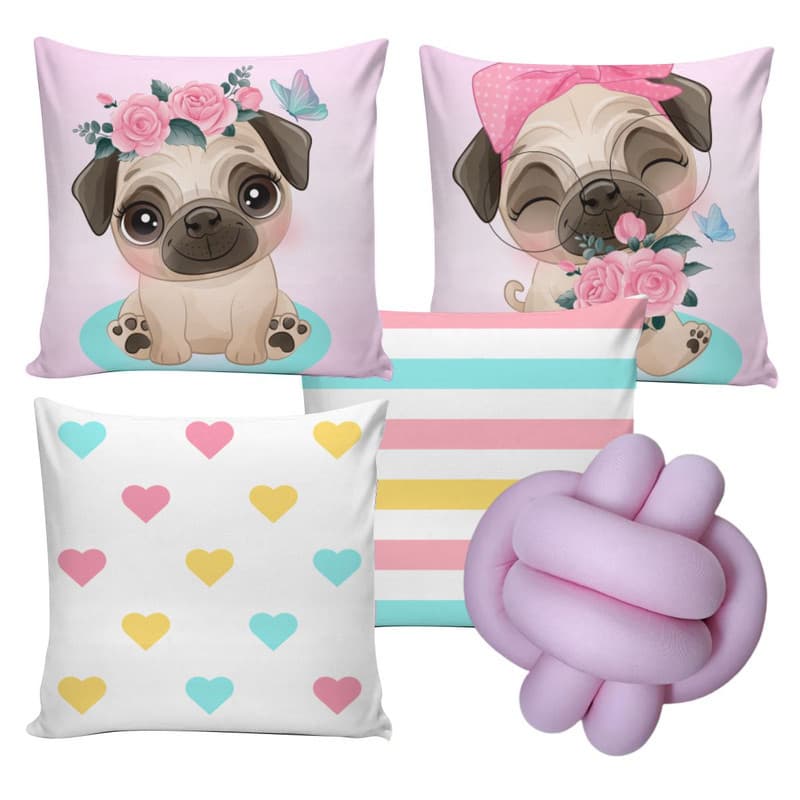 Kit 4 Capa de Almofada Decorativa 45x45 Almofada nózinho para Cama Cheio Silicone Pet Dog Pug