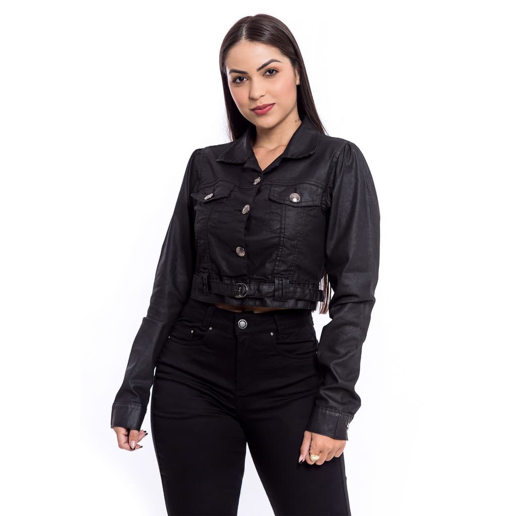 Jaqueta Feminina Jeans  Resinado Encerada Curta Com Elastano