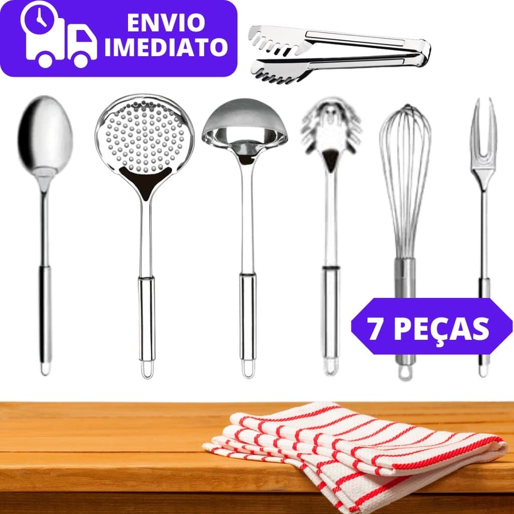Kit Utensílios de Cozinha 7 Peças 100% Aço Inox Concha Escumadeira Pegador Colher Garfo Fuet e Pegador Universal