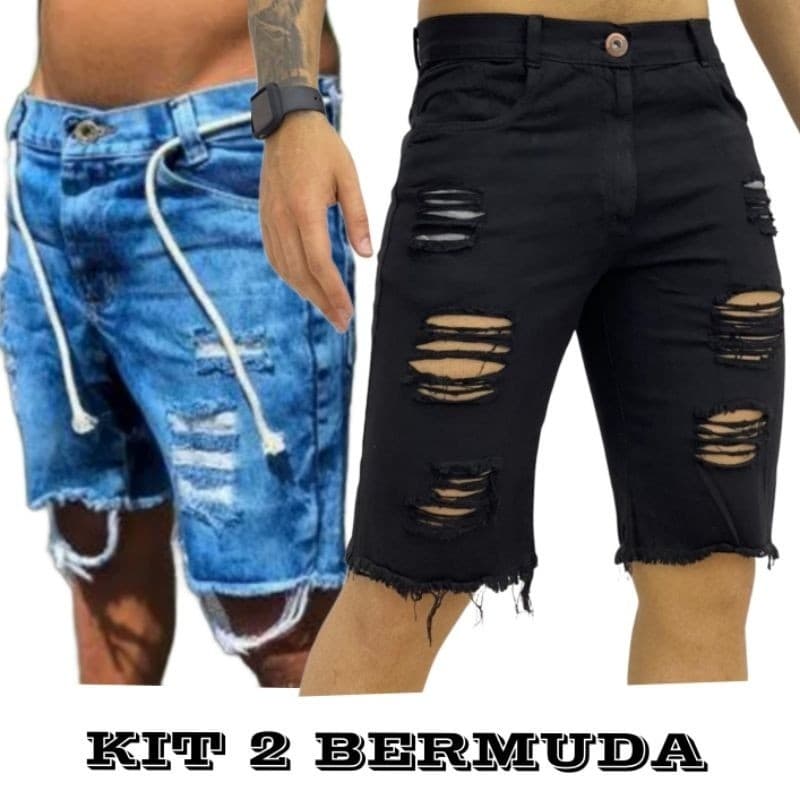 kit 2 Bermuda Jeans Rasgada Masculina Lisa Lycra Premium