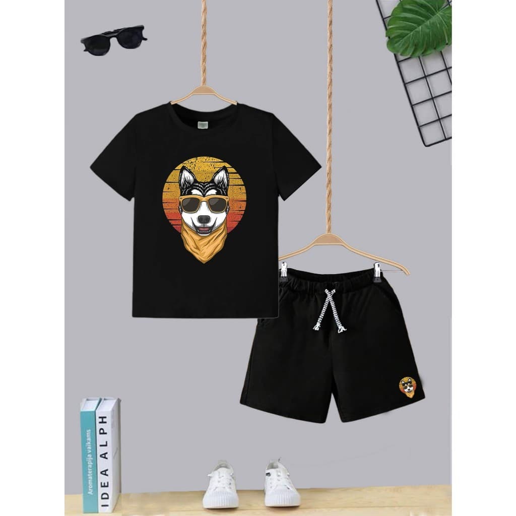 Kit Camiseta + Short com Bolso Conjunto Juvenil Infantil Algodão Confortável Dog Lenço Estiloso Roupa