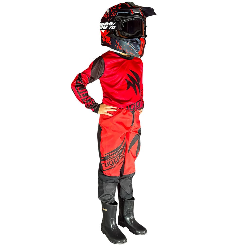 Conjunto Roupa Infantil Motocross Trilha Enduro Vermelho Preto Rugge