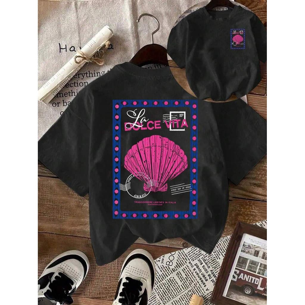 Tshirt Feminina Estilosa Estampada Selo Concha Rosa Lançamento Camiseta 100% Algodão Camisa Oversized Plus Size