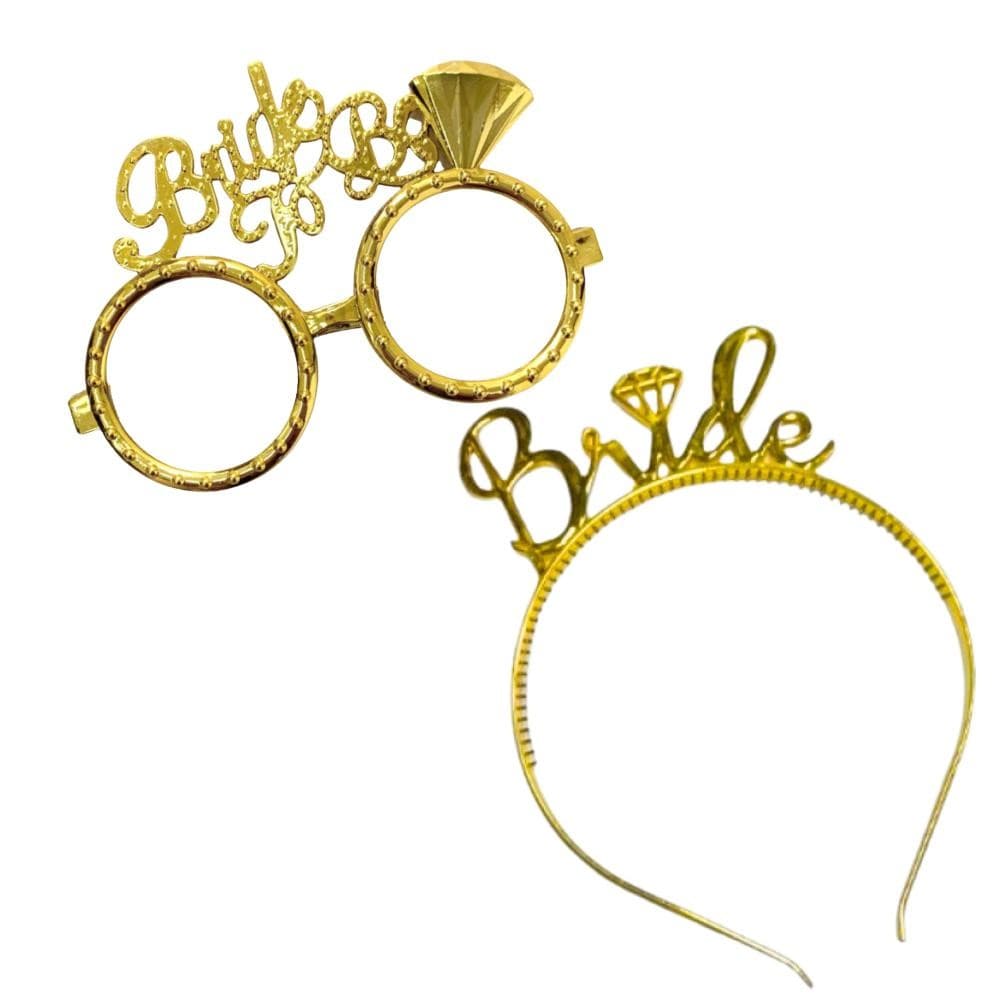 Kit Noiva Despedida – Acessórios Bride to Be com Óculos e Tiara Dourados