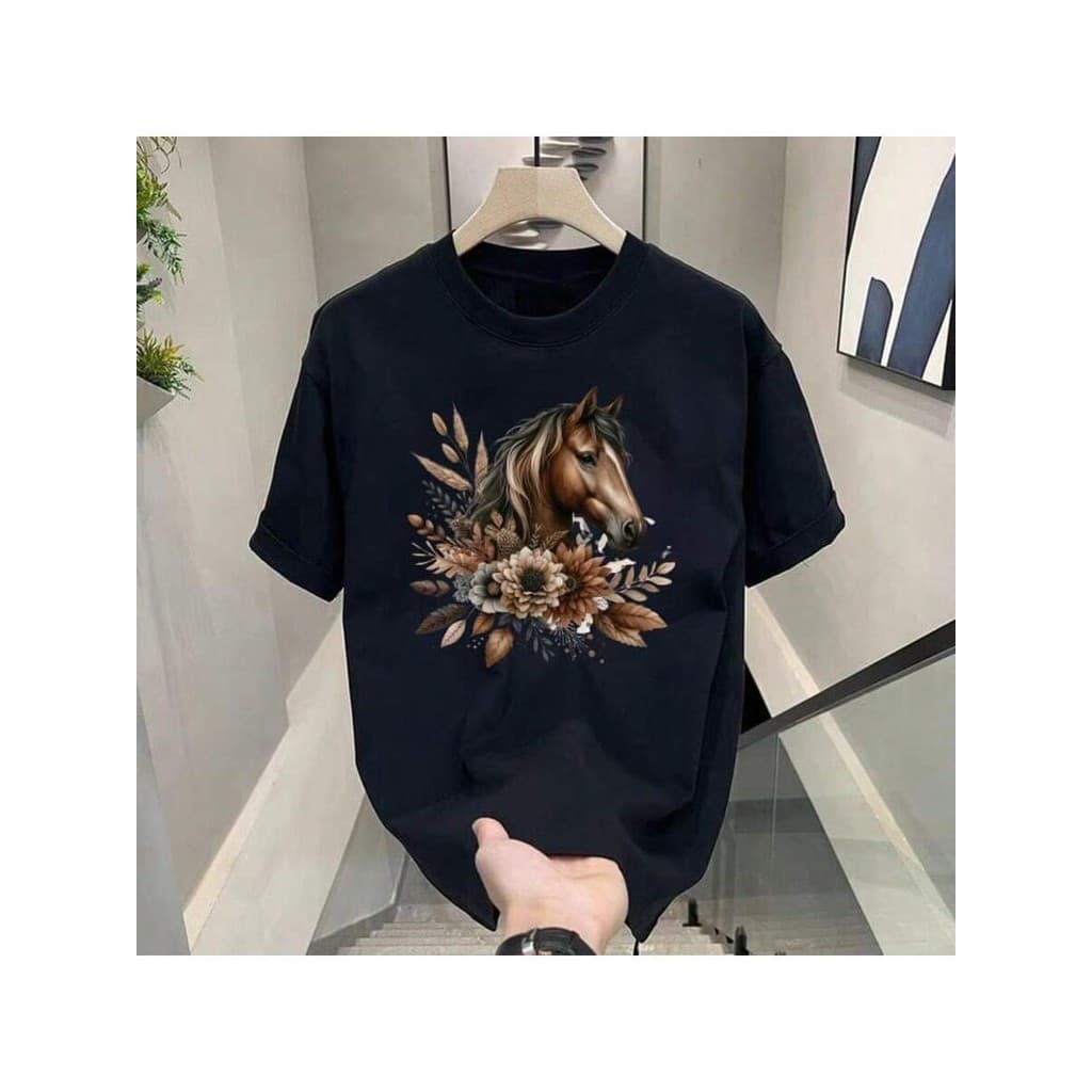 Camiseta Feminina cavalo Marrom Flores premium