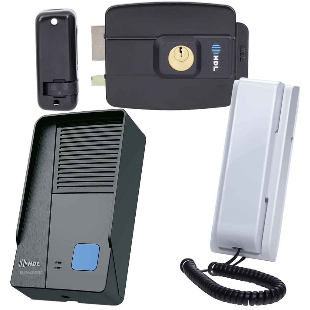 Kit Interfone Porteiro Eletrônico Residencial F8 Class HDL + Fechadura Ad Preta HDL