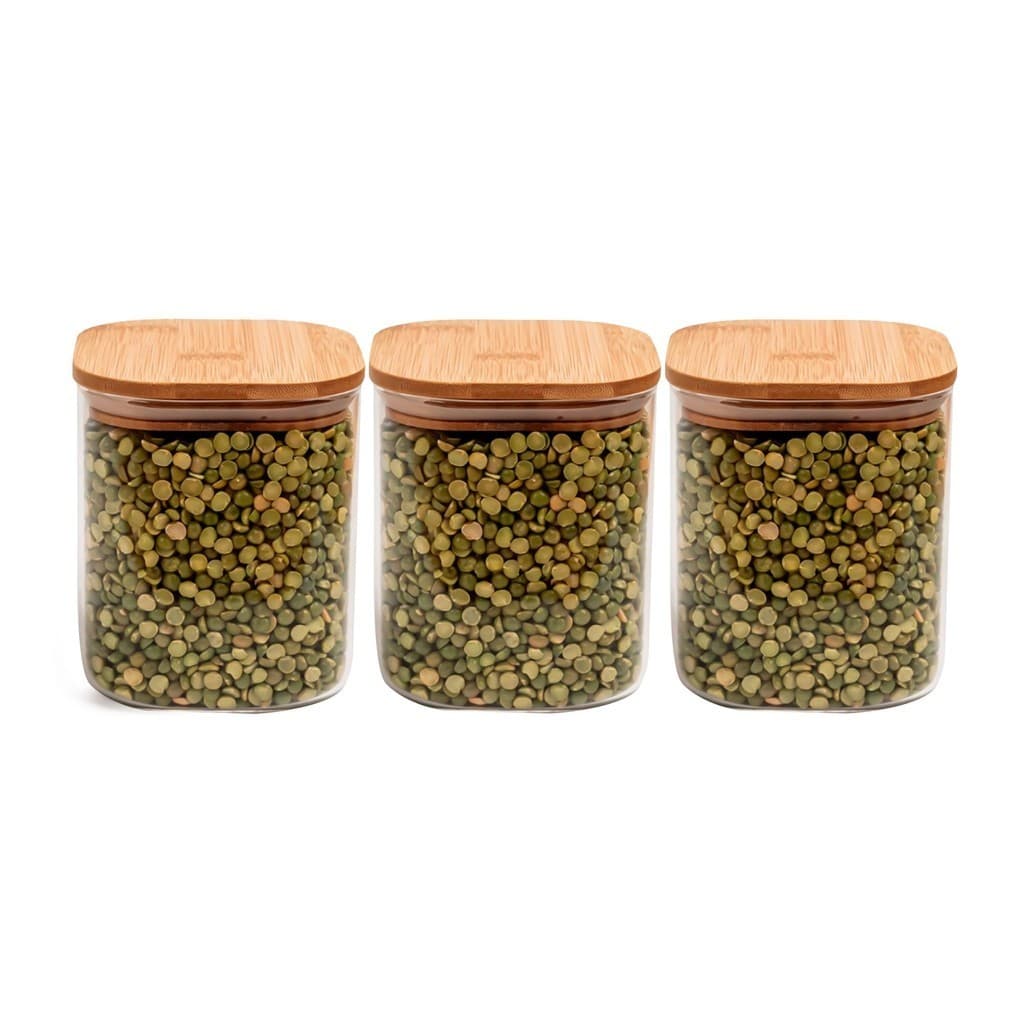 Kit 3 Pote Porta Condimentos Mantimentos Design Elegante Tampa De Bambu Quadrado Hermético 700ml