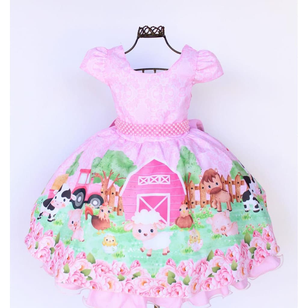 Vestido Infantil E Juvenil Fazendinha Animais Safari Com Tiara.