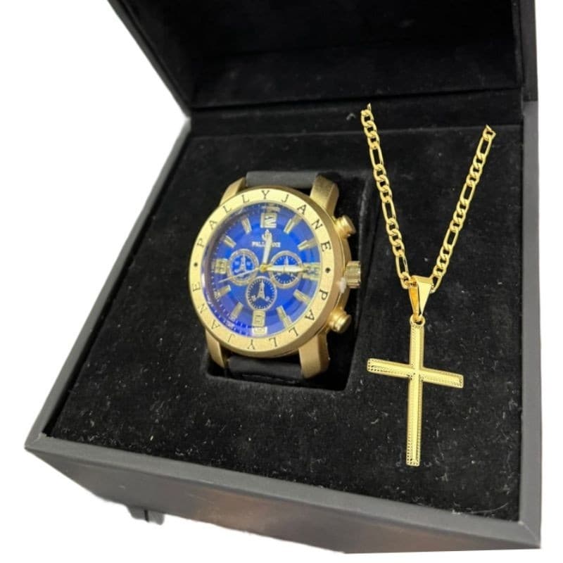 Relógio Masculino Português Pulseira Preta + Colar cruz dourada banhado Mega Promoção Hoje