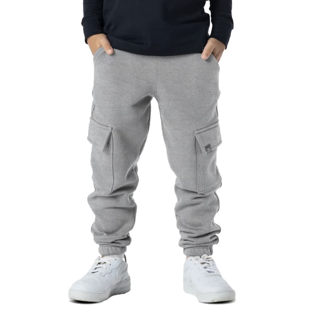 Calça Infantil Menino Moletom Cargo Inverno Bolso Lisa Cinza