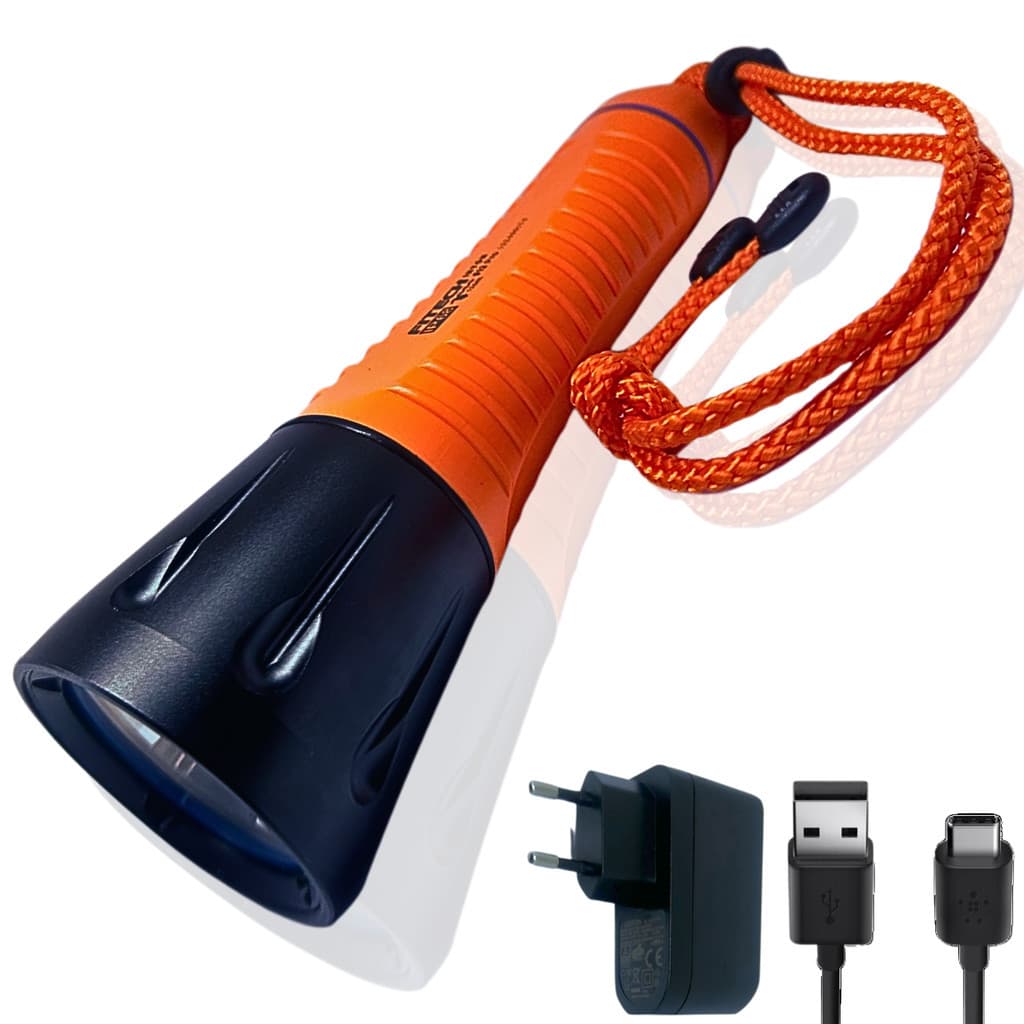 Lanterna Mergulho INTON F12 Pro 1000lm, IP68, SOS, USB, Até 120m Profundidade – Envio Cor LARANJA