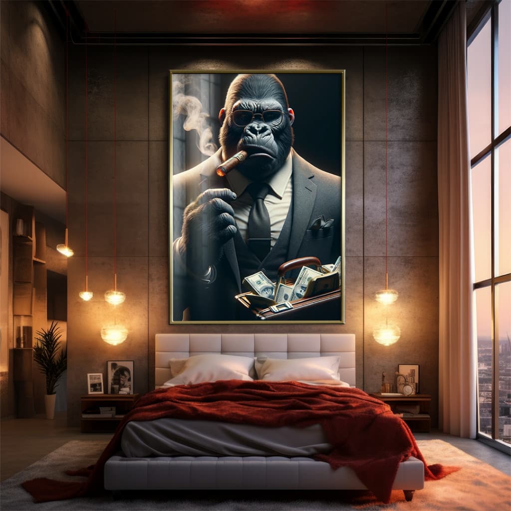 Quadro Decorativo GRANDE Alta Resolução Para Sala Quarto Escritório Quadro Gorila com dinheiro