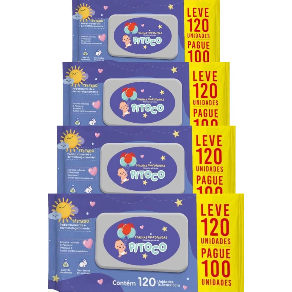 Kit Toalha Umedecida Pitoco Acompanha 4 Unidades Com 120 unidades 16,5 cm x 12 cm Cada - CIMED