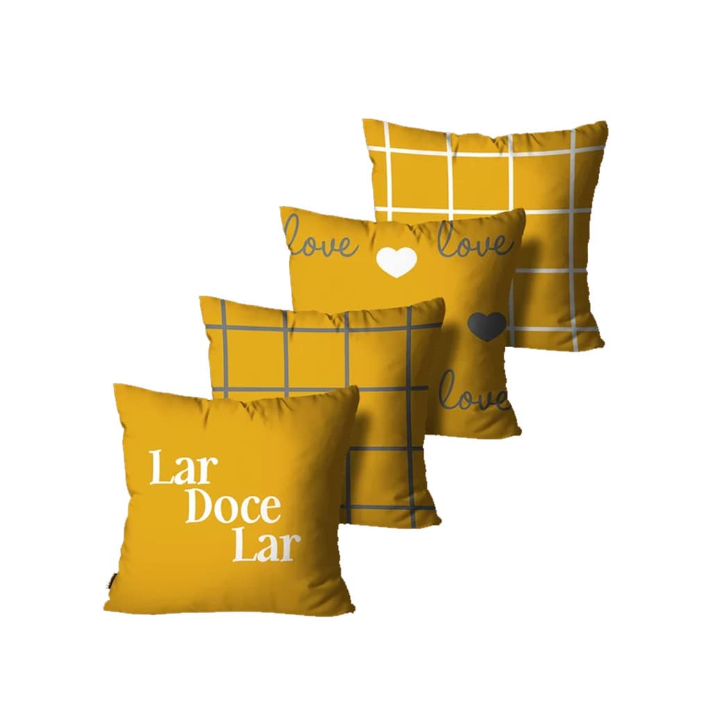 Kit com 4 Capas de Almofada Decorativas Lar Doce Lar Amarelo