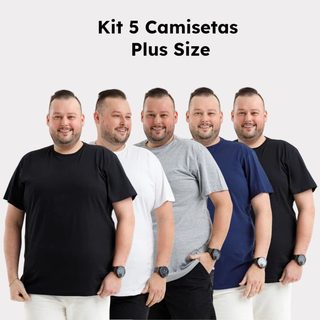 KIT 5 Camiseta Plus Size Masculina Básica 100% Algodão